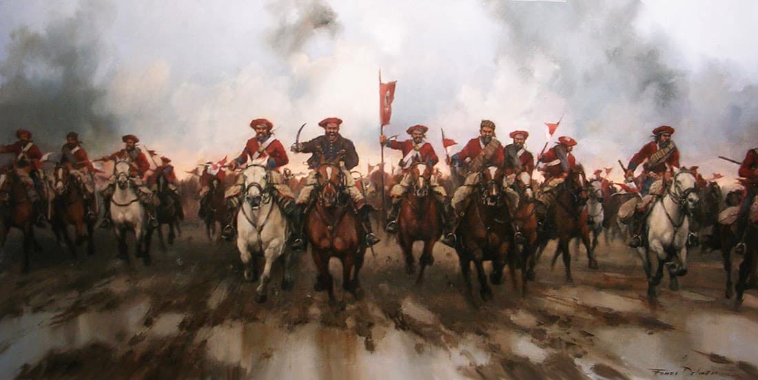 Tomás de Zumalacárregui al frente de la carga de lanceros de Navarra en la batalla de Viana. Augusto Ferrer Dalmau